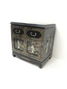 Oriental style black lacquered cabinet with Shibayama type decoration, W62cm, H61cm, D41cm