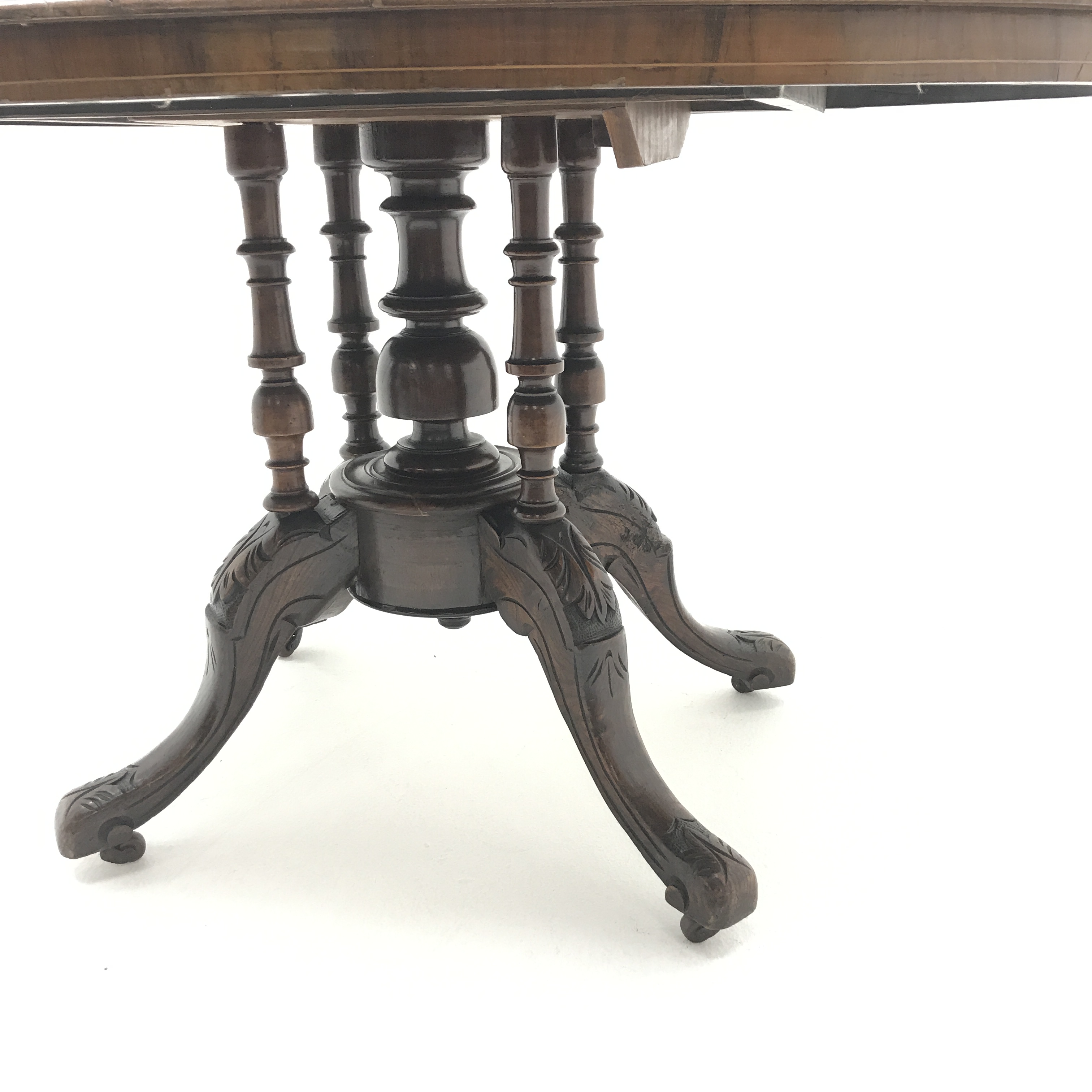 Victorian inlaid oval walnut loo table, five turned columns on four carved scrolling feet, W119cm, H - Image 9 of 10