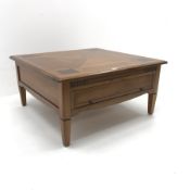 Modern cherry square coffee table, single two way drawer, square tapering supports, W90cm, H45cm, D9