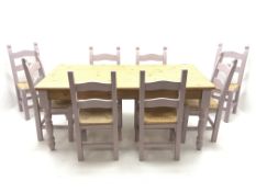 Rectangular painted pine farmhouse table (90cm x 180cm, 78cm), and eight painted dining chairs with