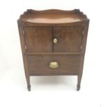 George III inlaid mahogany nightstand, raised shaped back, two cupboard doors above single drawer, s