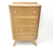 Vintage light oak chest, four drawers, outs played tapering supports (W72cm, H119cm, D49cm and match