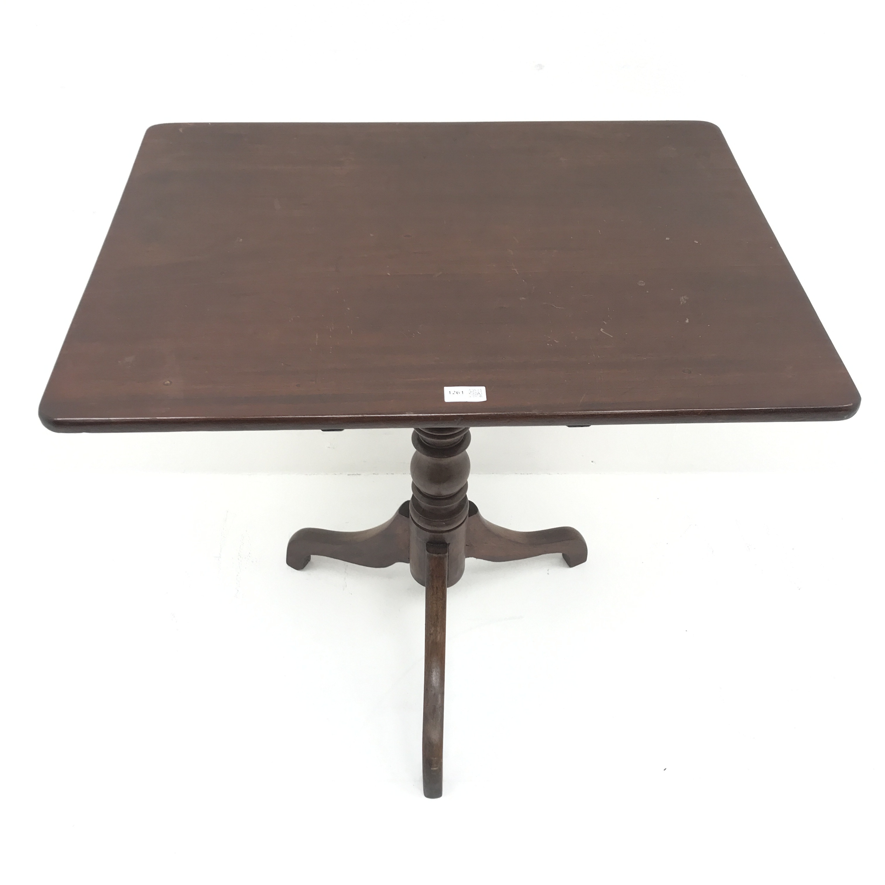 19th century mahogany tilt top table, single turned column on tripod base, W75cm, H71cm, D85cm - Image 5 of 6