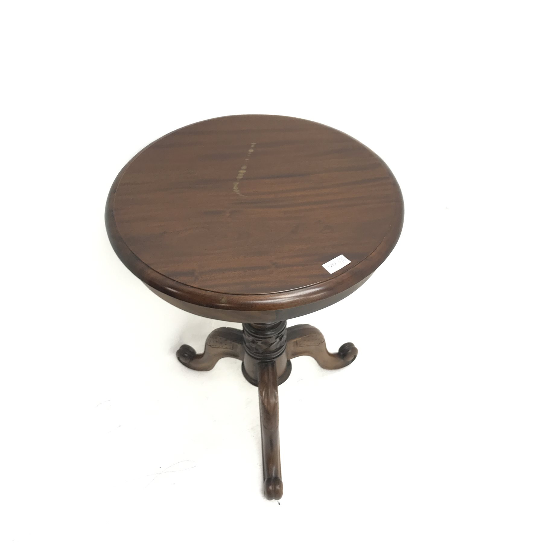 Victorian style mahogany occasional table, single turned and carved column on three scrolling feet ( - Image 4 of 11