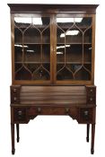 19th century mahogany secretaire bookcase, projecting cornice with figured and satinwood inlaid frie