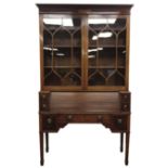 19th century mahogany secretaire bookcase, projecting cornice with figured and satinwood inlaid frie