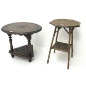 Victorian bamboo two tier plant stand (W44cm, H65cm, D40cm) and a Victorian heavily carved oak occas
