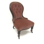 Victorian mahogany framed spoon back nursing chair, upholstered in deep buttoned fabric, turned sup