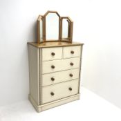 Painted pine chest, moulded top, two short and three long graduating drawers, plinth base, W88cm, H1