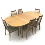 G Plan teak extending dining table, rectangular supports (W198cm & 152cm, H73cm, D107cm) and set fou