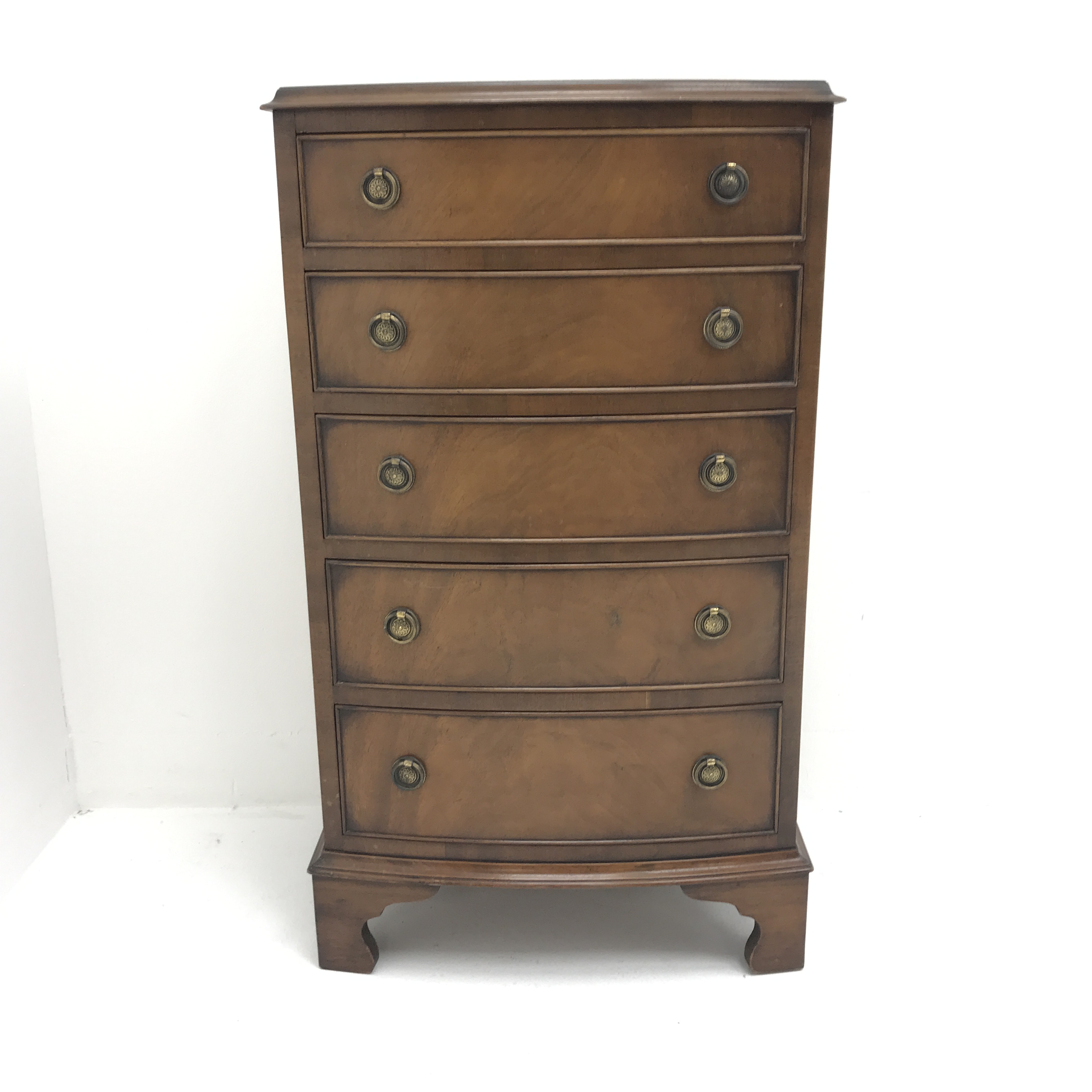 Regency style mahogany bow front chest, five graduating drawers, bracket shaped supports, W54cm, H93