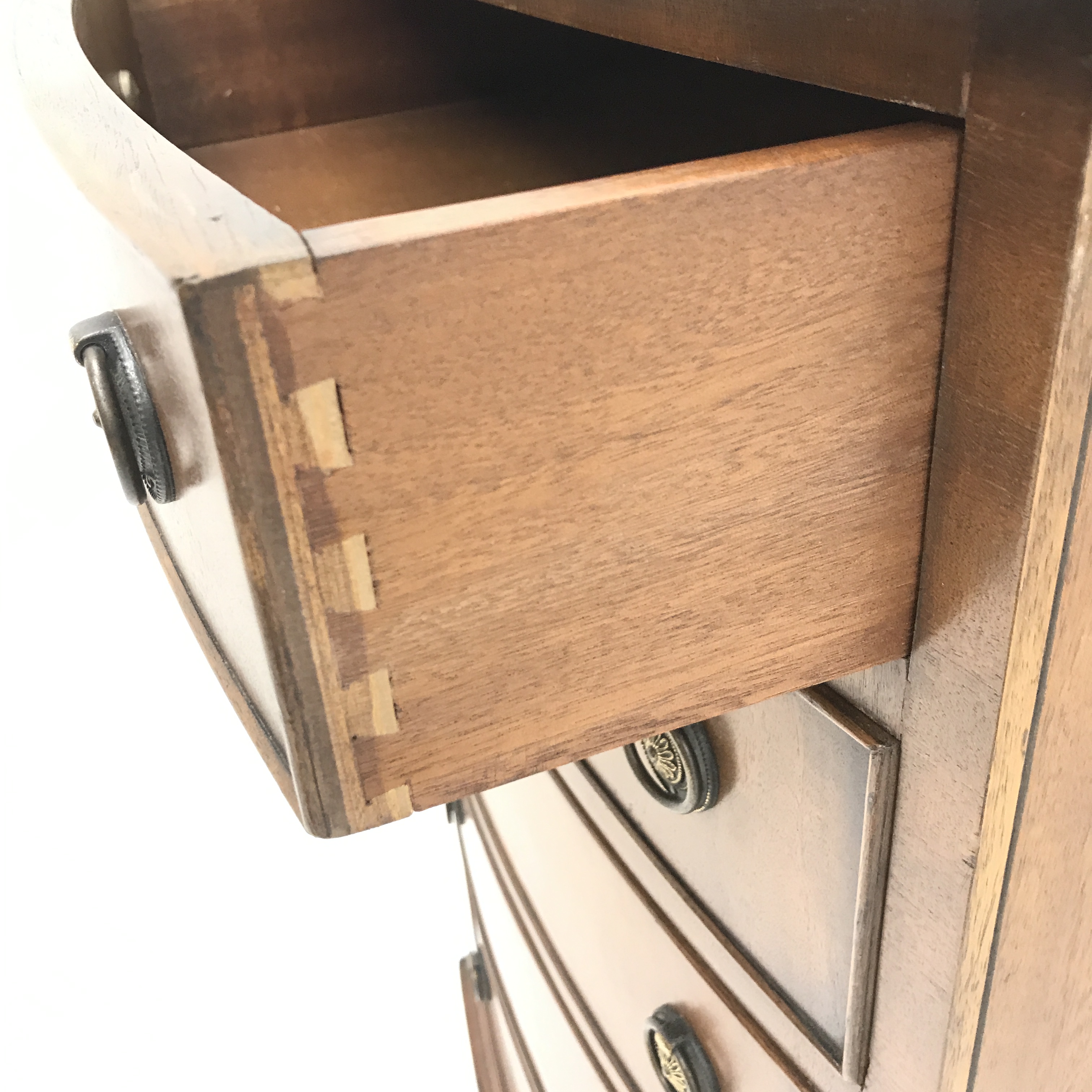 Regency style mahogany bow front chest, five graduating drawers, bracket shaped supports, W54cm, H93 - Image 8 of 8