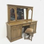 American oak twin pedestal dressing table, three piece mirror back above three drawers, two cupboard