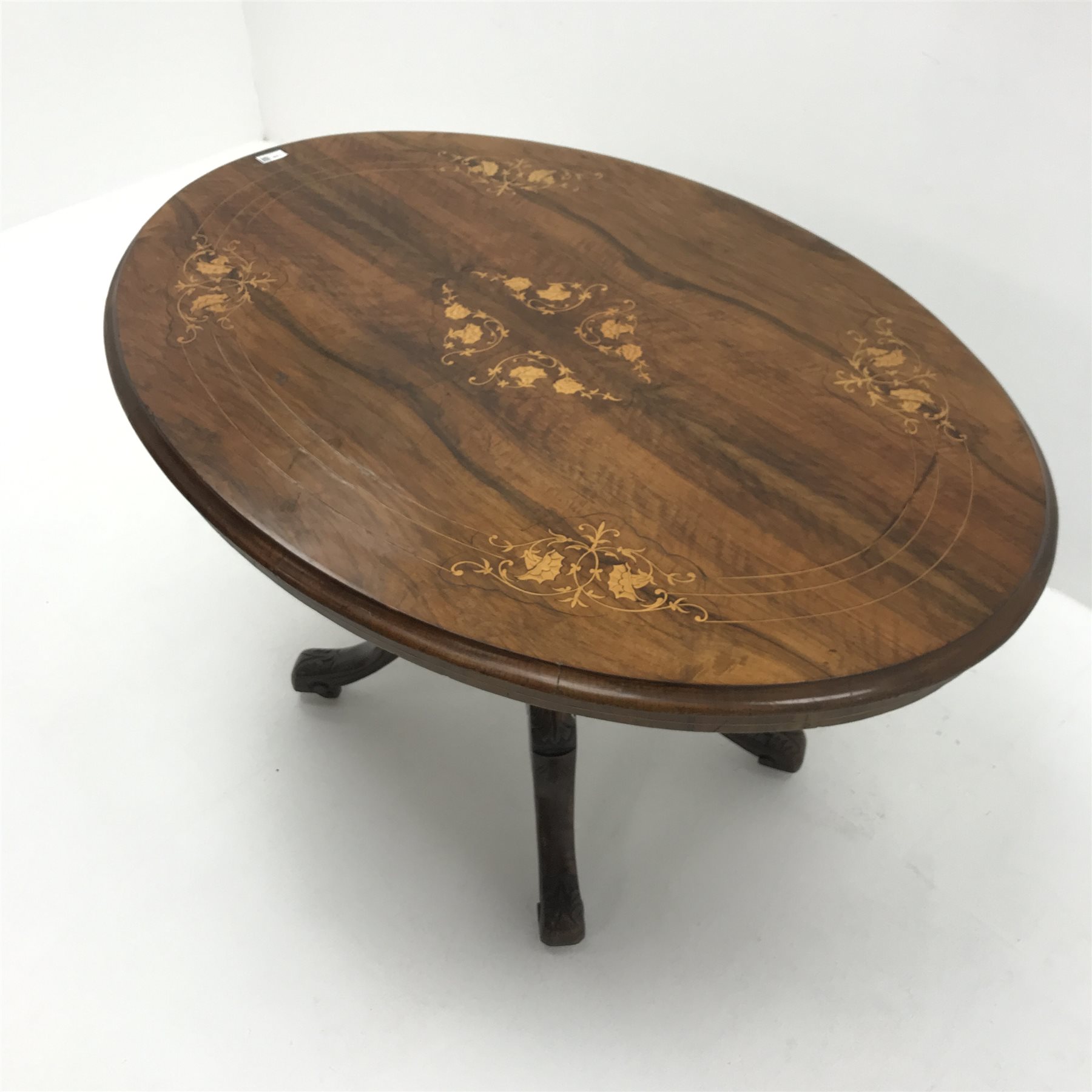 Victorian inlaid oval walnut loo table, five turned columns on four carved scrolling feet, W119cm, H - Image 4 of 10