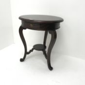 Barker and Stonehouse mahogany occasional table, single draw, three cabriole legs joined by undertie