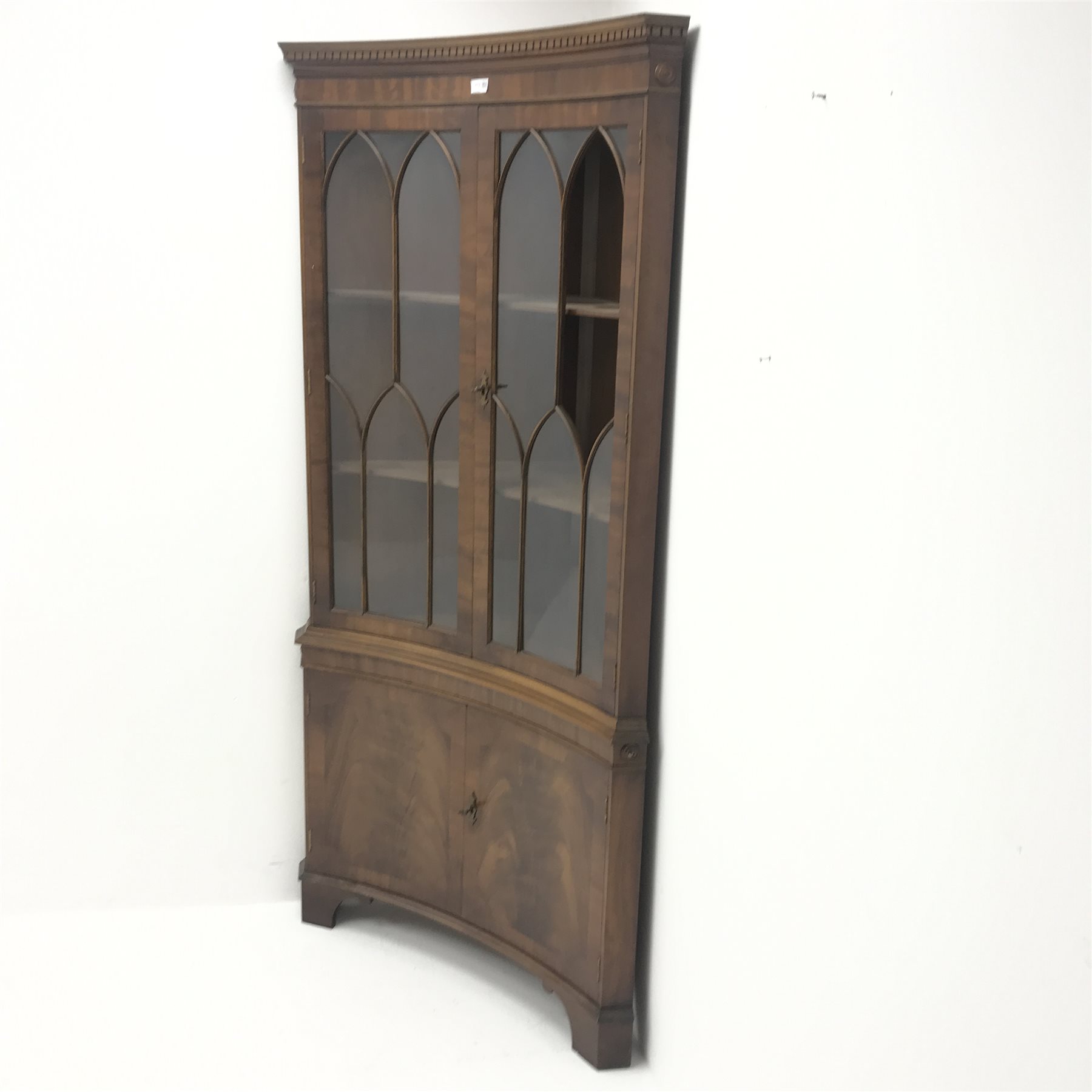 20th century figured mahogany double corner cabinet, dentil frieze above two doors enclosing two she - Image 3 of 10