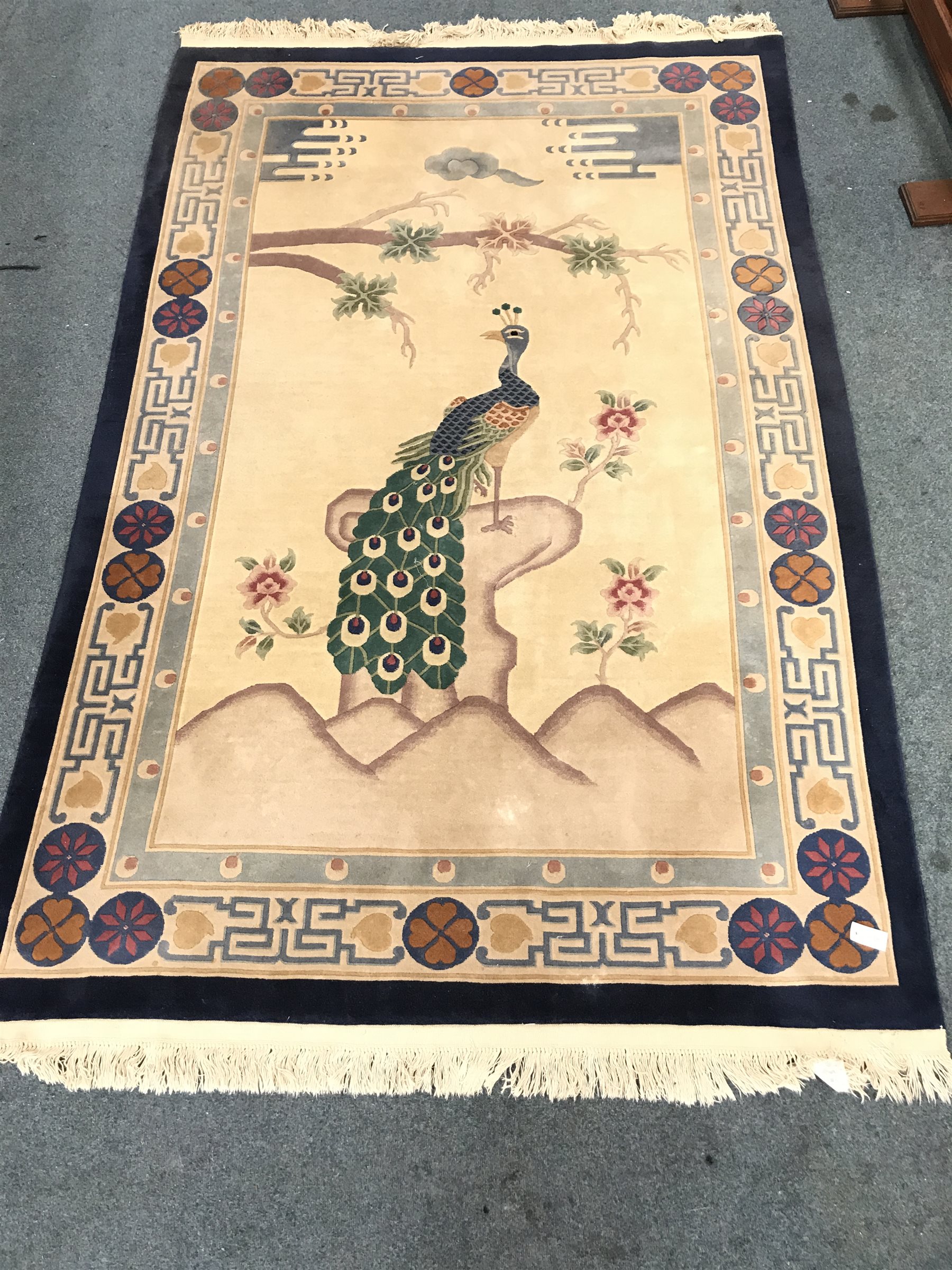 Chinese style blue and beige ground rug, central Peacock, 287cm x 184cm - Image 2 of 8
