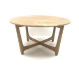 Ercol light elm circular coffee table on astra type supports, model no. 719, D89cm, H47cm