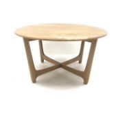 Ercol light elm circular coffee table on astra type supports, model no. 719, D89cm, H47cm