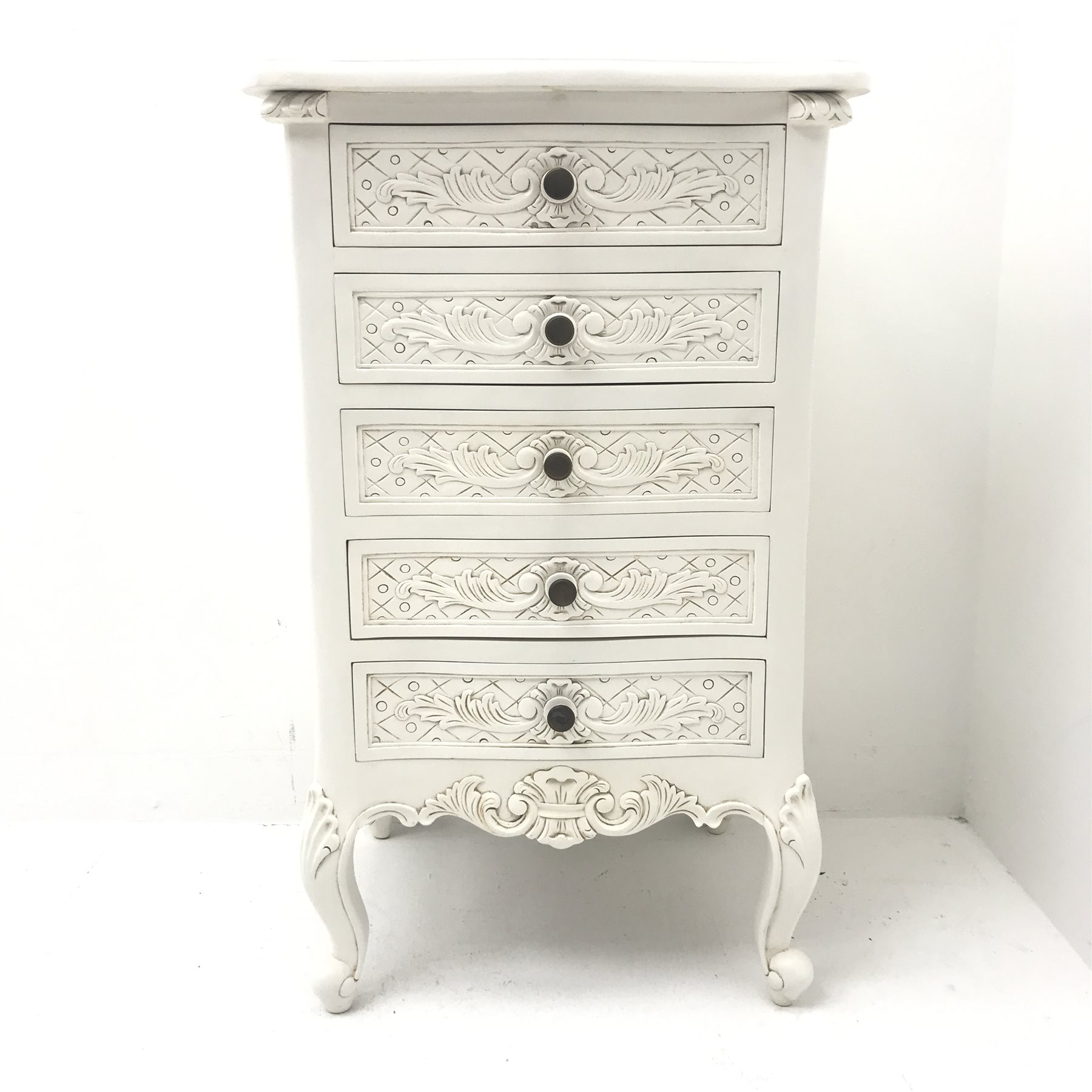 French style white finish pedestal chest, shaped top, five drawers, shell carved cabriole feet, W54c - Image 2 of 6
