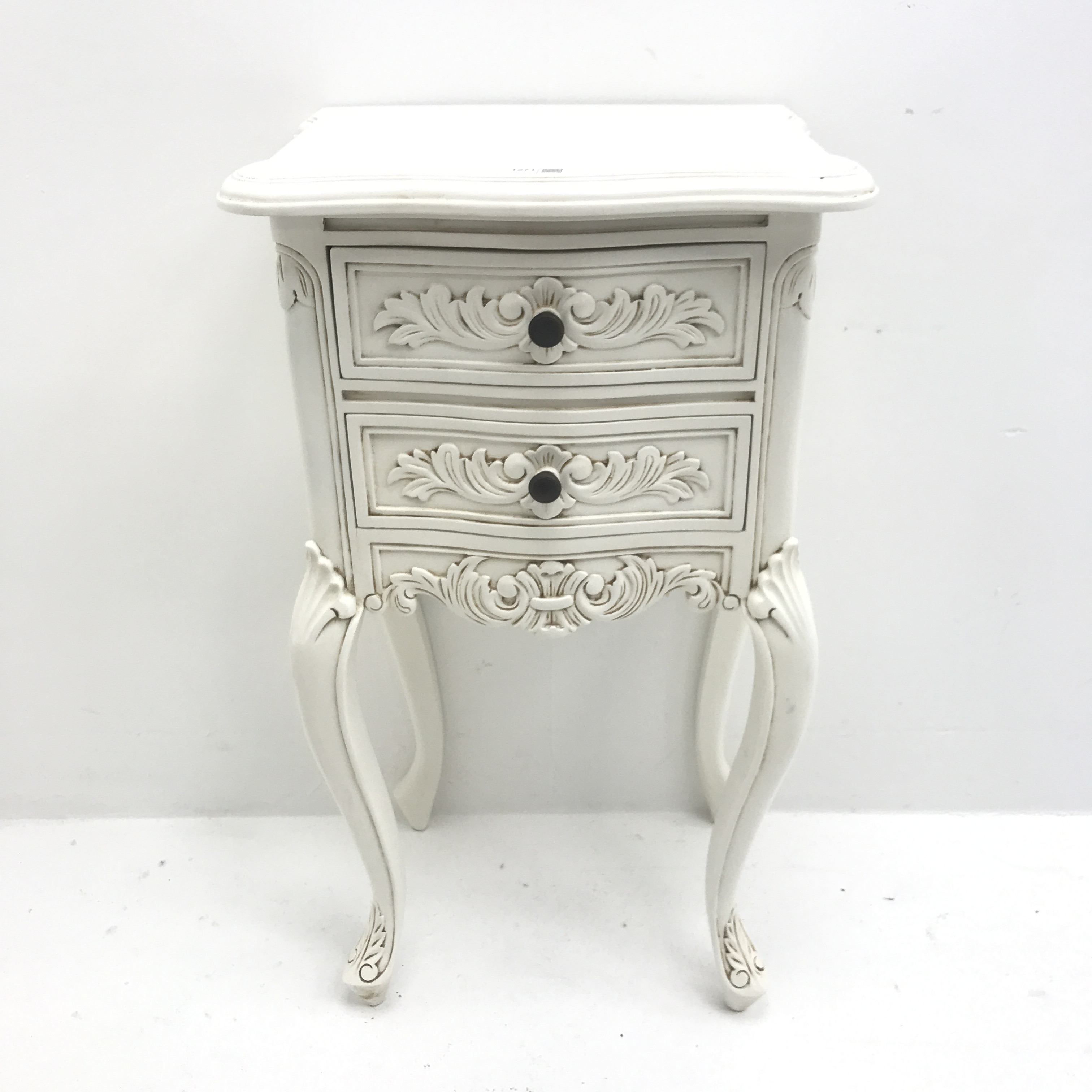 Pair French style two drawer bedside lamp chests, shaped top, two drawers, shell carved cabriole leg - Image 7 of 9