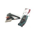 BOSCH Rotak 34GC electric lawn mower and Black and Decker GW250 blower/vac