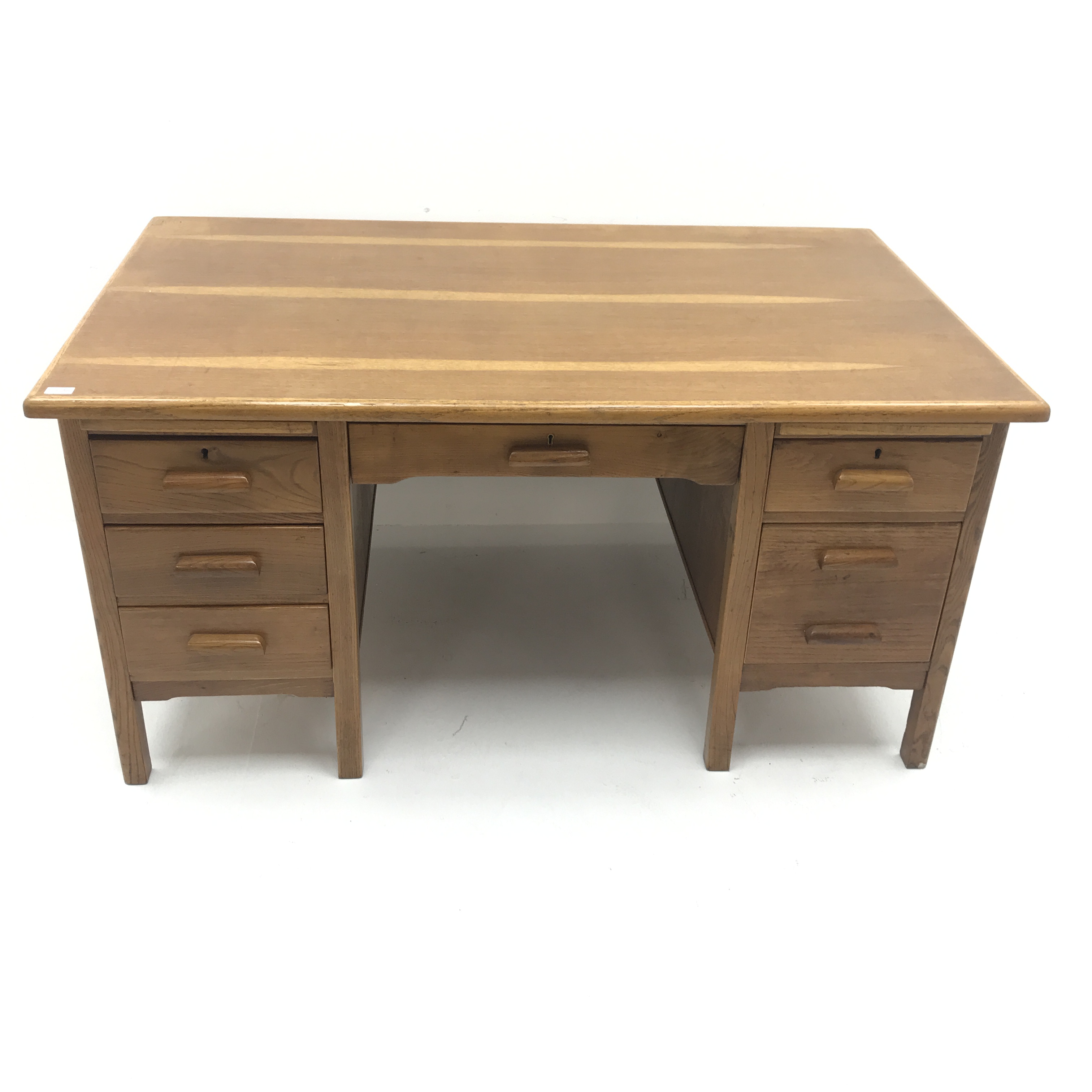20th century medium oak desk, two slides, single frieze and six drawers, square supports, W152cm, H7 - Image 6 of 8