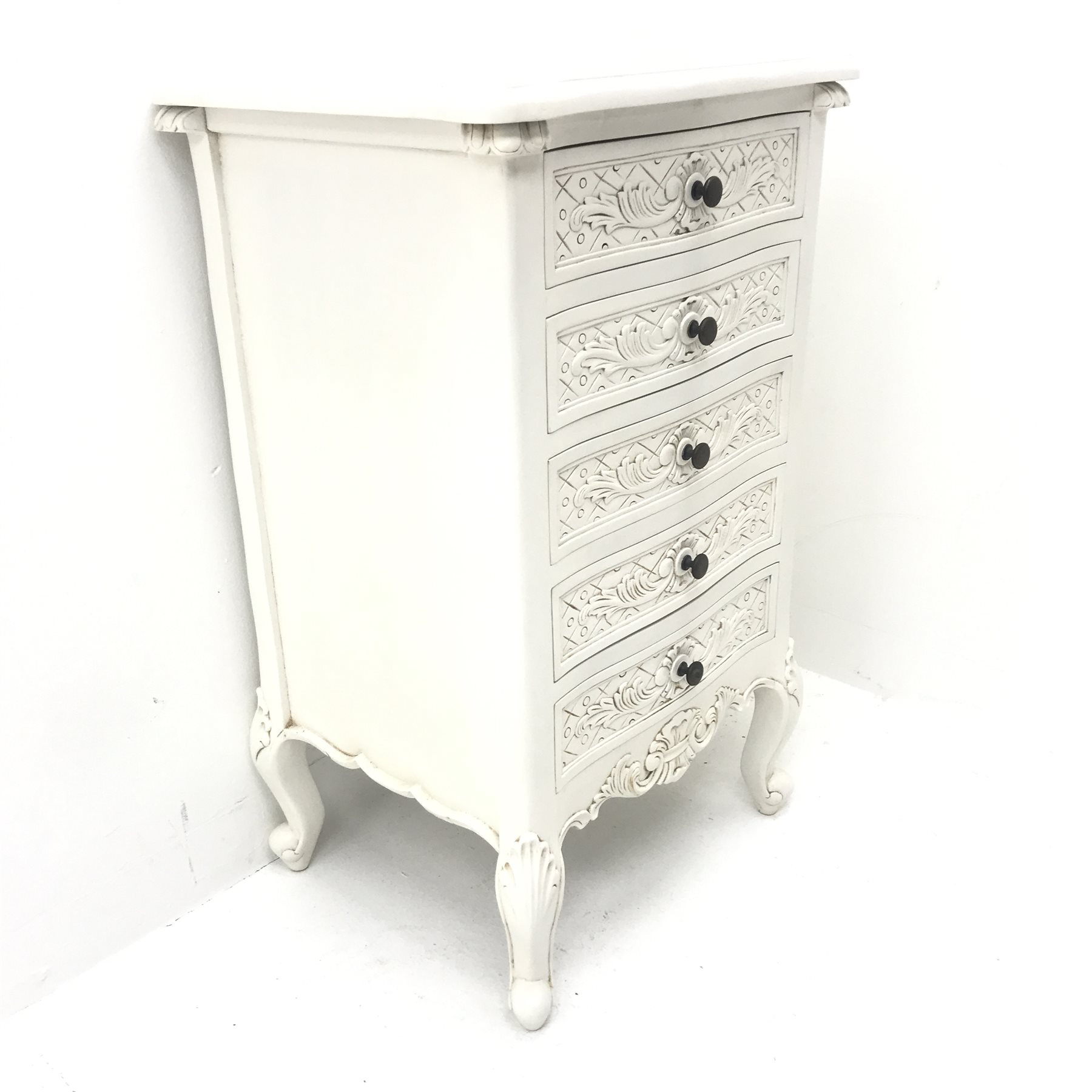 French style white finish pedestal chest, shaped top, five drawers, shell carved cabriole feet, W54c - Image 4 of 6