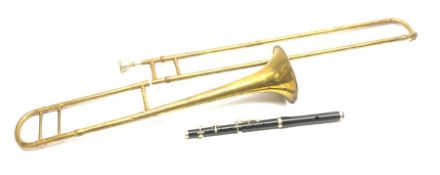 Butler brass two-piece slide trombone with mouthpiece L107cm; together with a Miller Browne London t