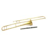 Butler brass two-piece slide trombone with mouthpiece L107cm; together with a Miller Browne London t