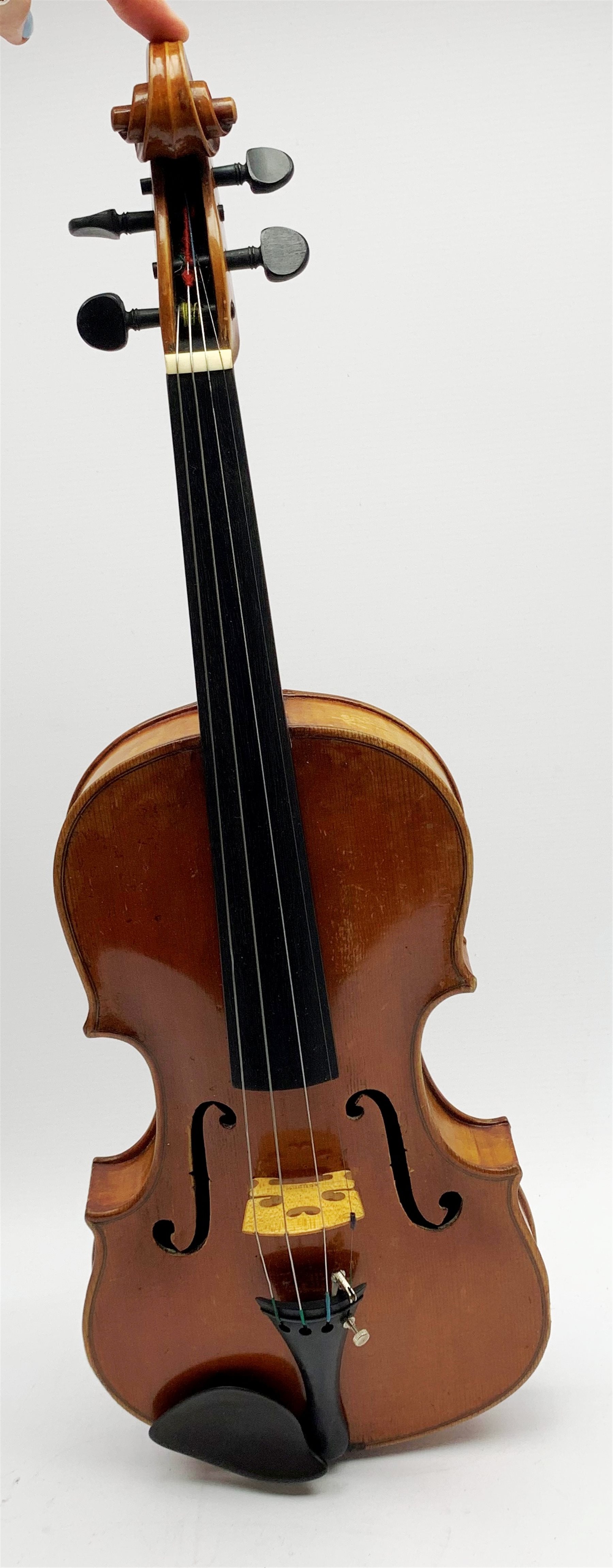 Late 19th century violin with 36cm maple back and spruce top, bears label 'Copy George Klotz Made i - Image 5 of 10