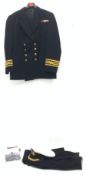 Merchant Navy captain's uniform with WW2 medal ribbons and peaked cap, epaulettes, spare cuff braidi