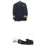 Merchant Navy captain's uniform with WW2 medal ribbons and peaked cap, epaulettes, spare cuff braidi