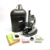 20th century Russian biological simplified monocular microscope, black and grey metal with rack and