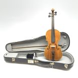 German three-quarter size violin, the 33.5cm two-piece maple back inlaid with mother-of-pearl, maple