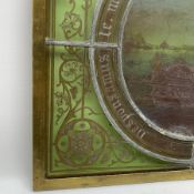 19th century leaded stained glass panel with central circular painted Venetian scene of a two-tier l