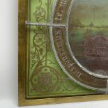 19th century leaded stained glass panel with central circular painted Venetian scene of a two-tier l