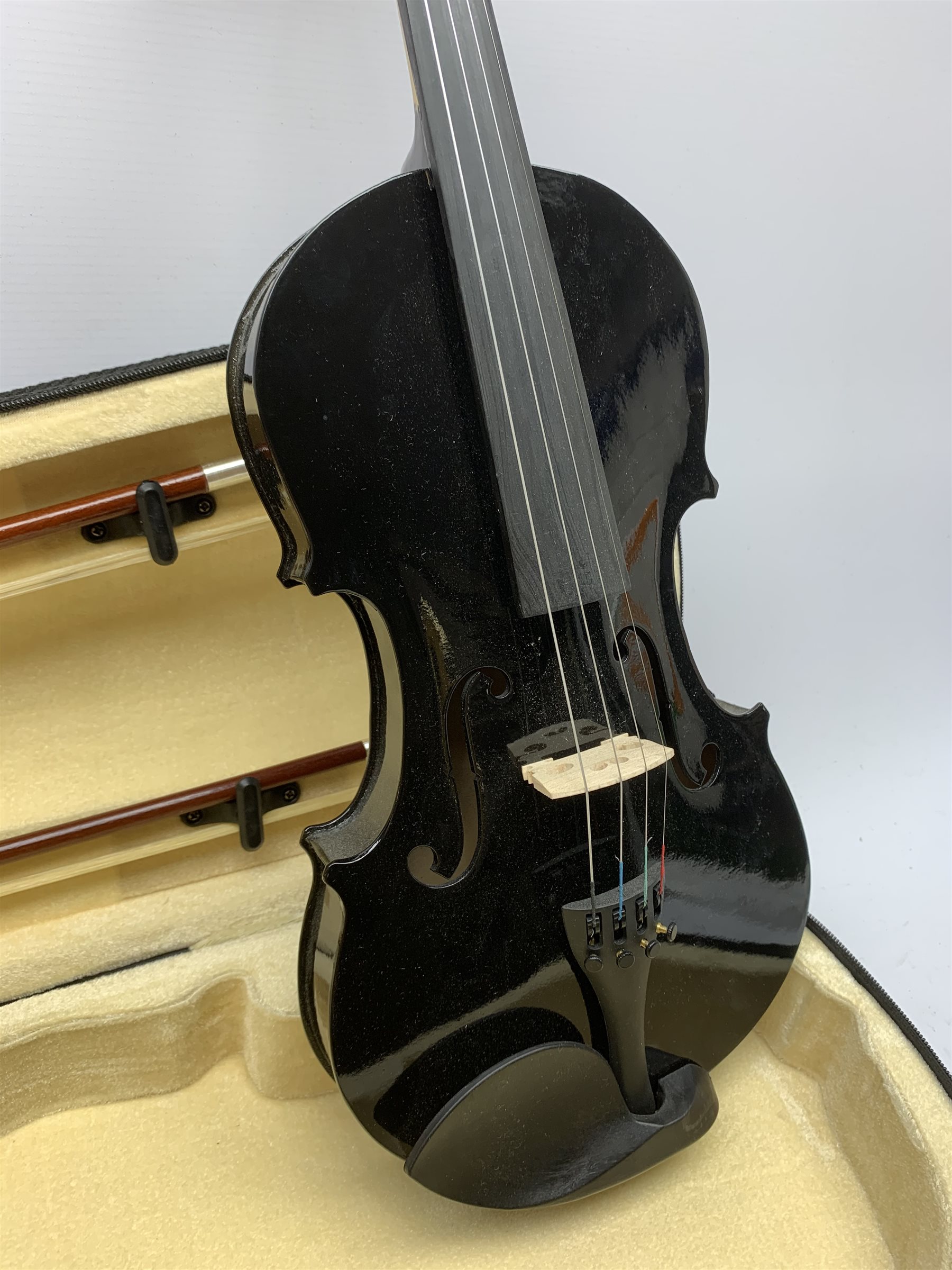 Modern black lacquered violin with 35.5cm back, 59cm overall, in carrying case with two bows - Image 7 of 9