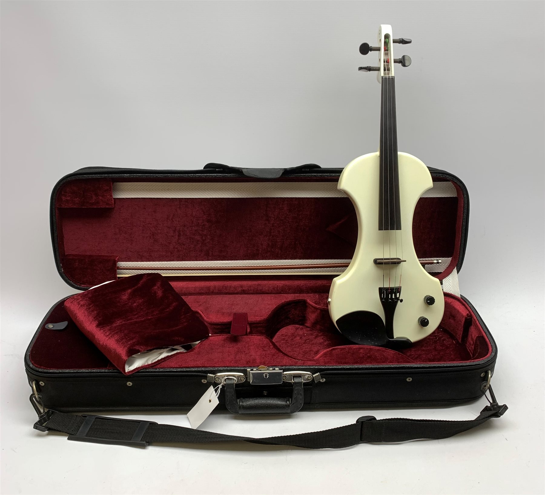 Fender white and black electric violin with 35.5cm back, serial no.KD00060342, 59cm overall, in orig