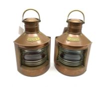 Pair of ship's copper 'Port' and 'Starboard' navigation lamps of bow-fronted triangular form with or