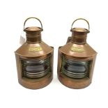 Pair of ship's copper 'Port' and 'Starboard' navigation lamps of bow-fronted triangular form with or