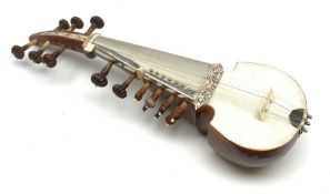 Indian sarangi multi-stringed instrument, the hardwood base with decorative bone inlay and mounts an