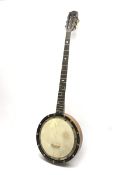 Five-string banjo by Geo. P. Matthew of Birmingham with segmented walnut back and sides, maker's sta