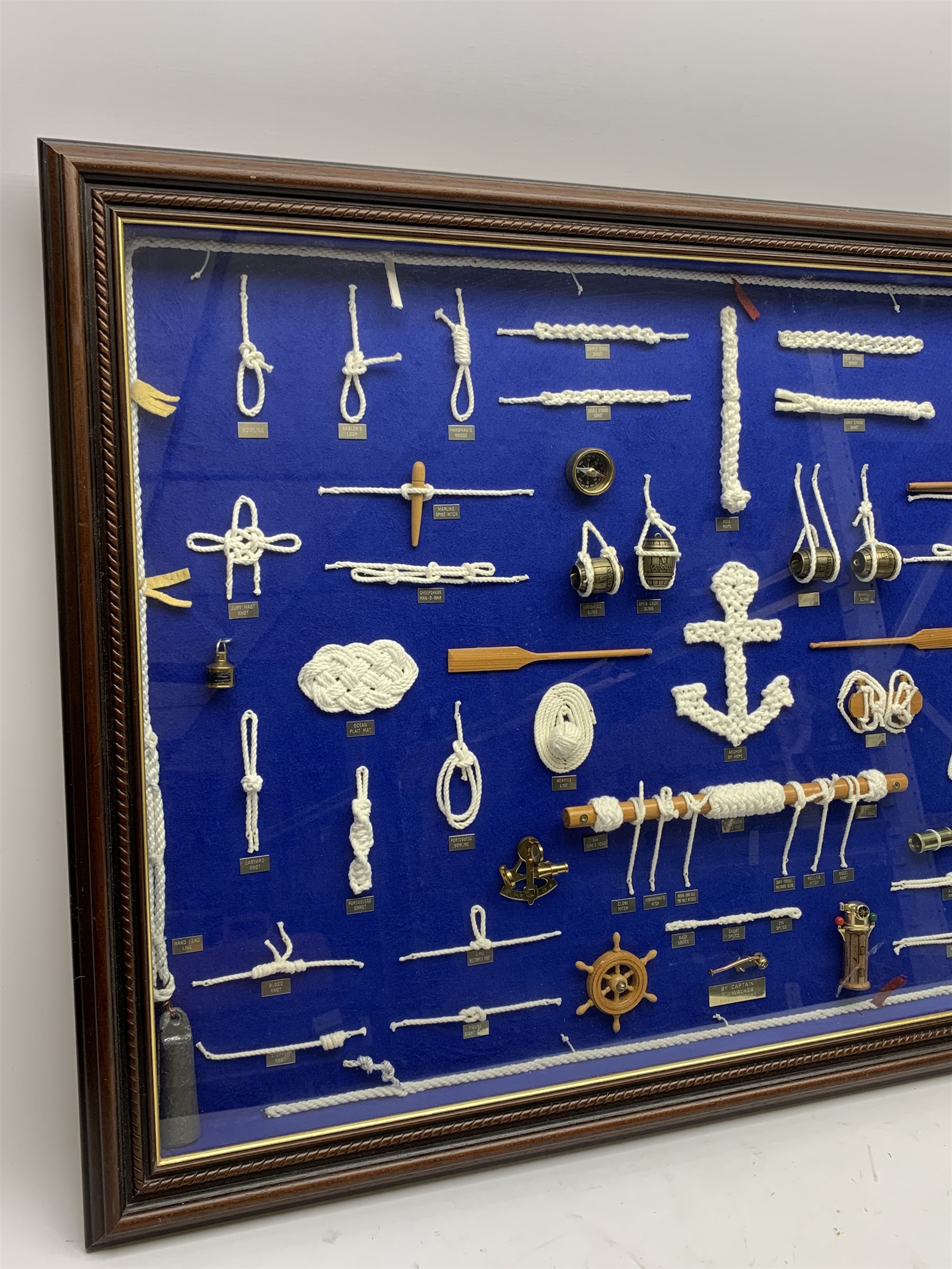 Large framed knot board, including miniature Binnacle, ships wheel and sextant, by Captain D.J.Walk - Image 2 of 3