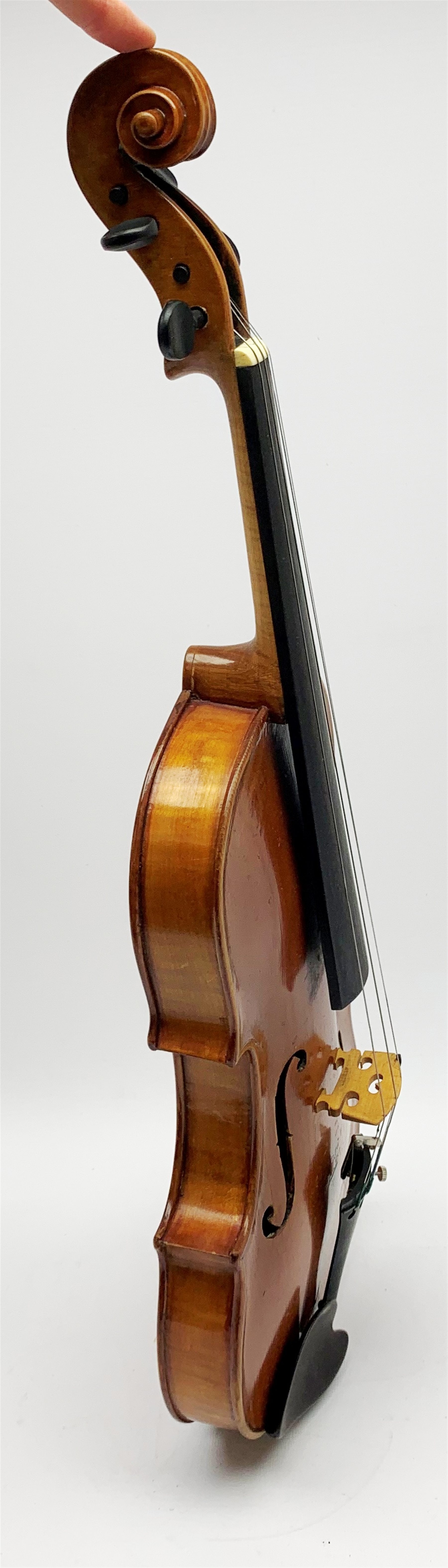 Late 19th century violin with 36cm maple back and spruce top, bears label 'Copy George Klotz Made i - Image 4 of 10