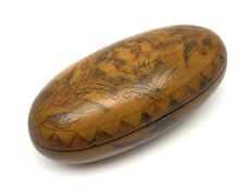 Small sycamore oval box, the hinged lid etched and coloured in the Napoleonic style with shrimps wit