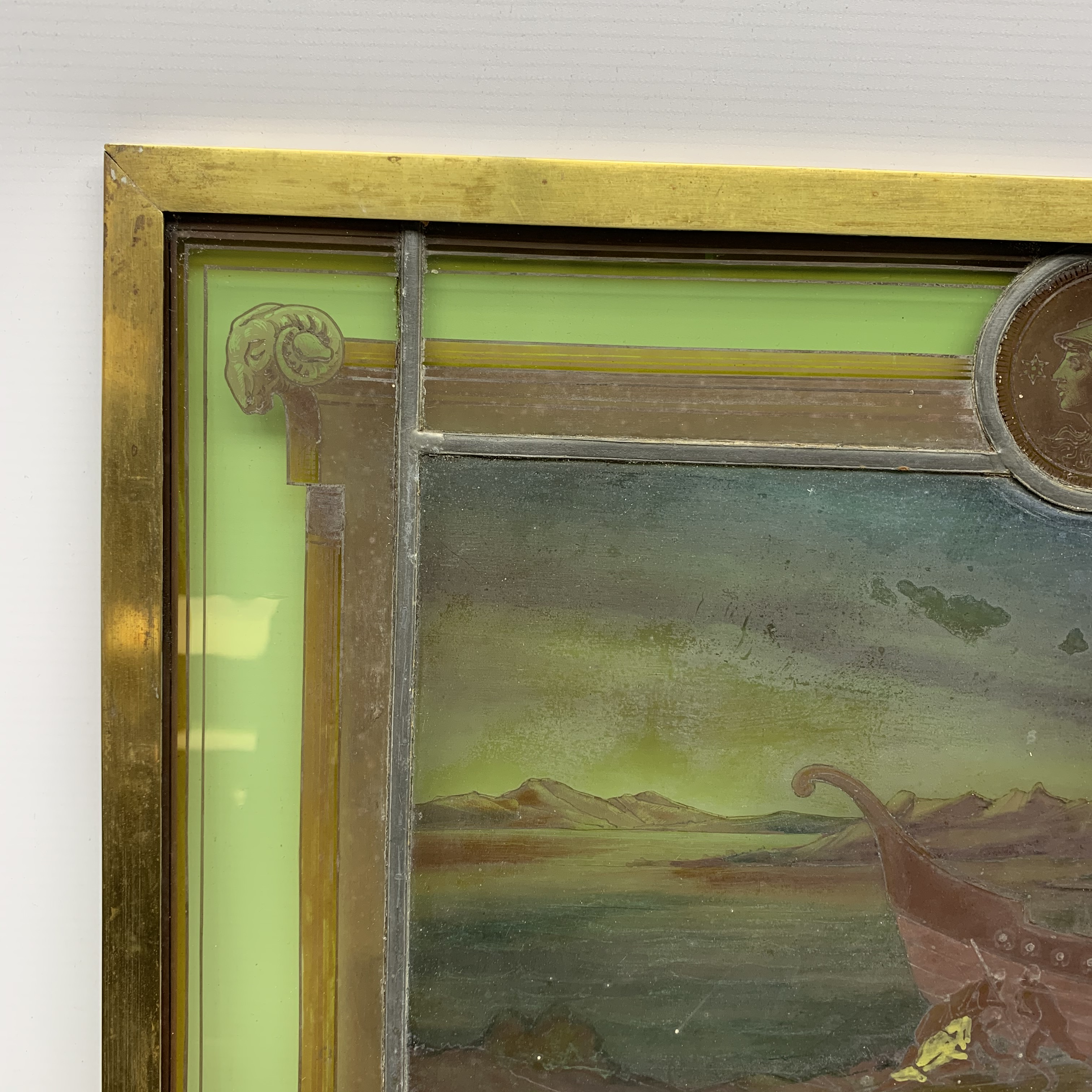 19th century leaded stained glass panel of maritime interest with central painted scene of naked fig - Image 24 of 26