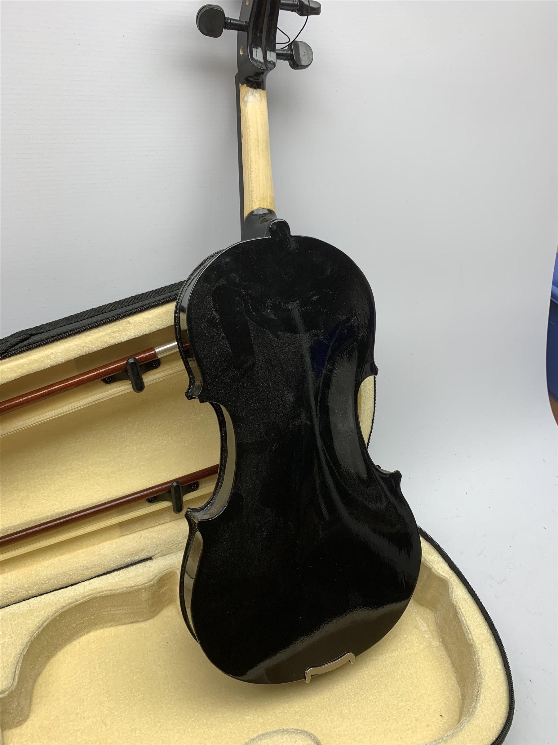 Modern black lacquered violin with 35.5cm back, 59cm overall, in carrying case with two bows - Image 6 of 9