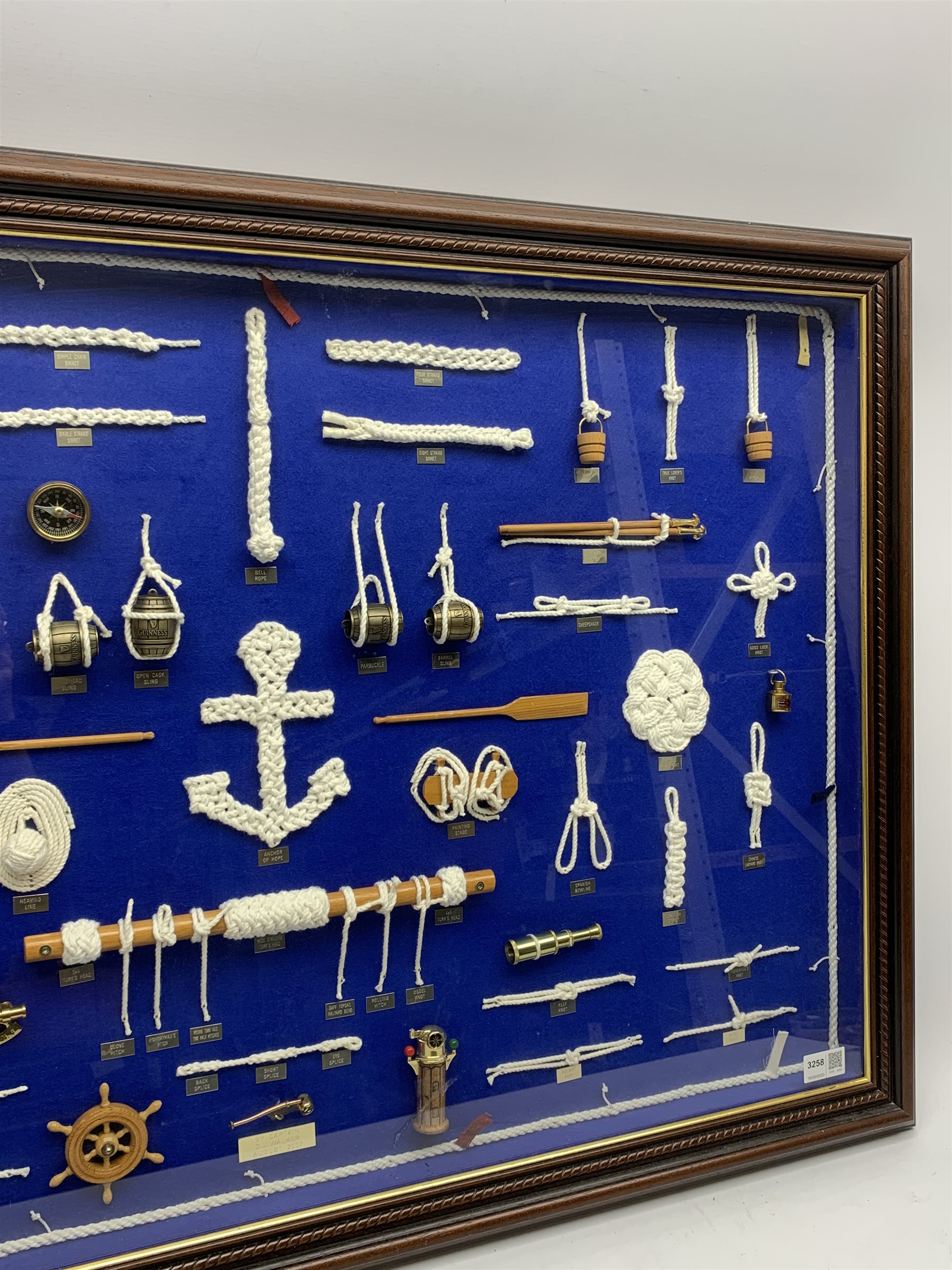 Large framed knot board, including miniature Binnacle, ships wheel and sextant, by Captain D.J.Walk - Image 3 of 3