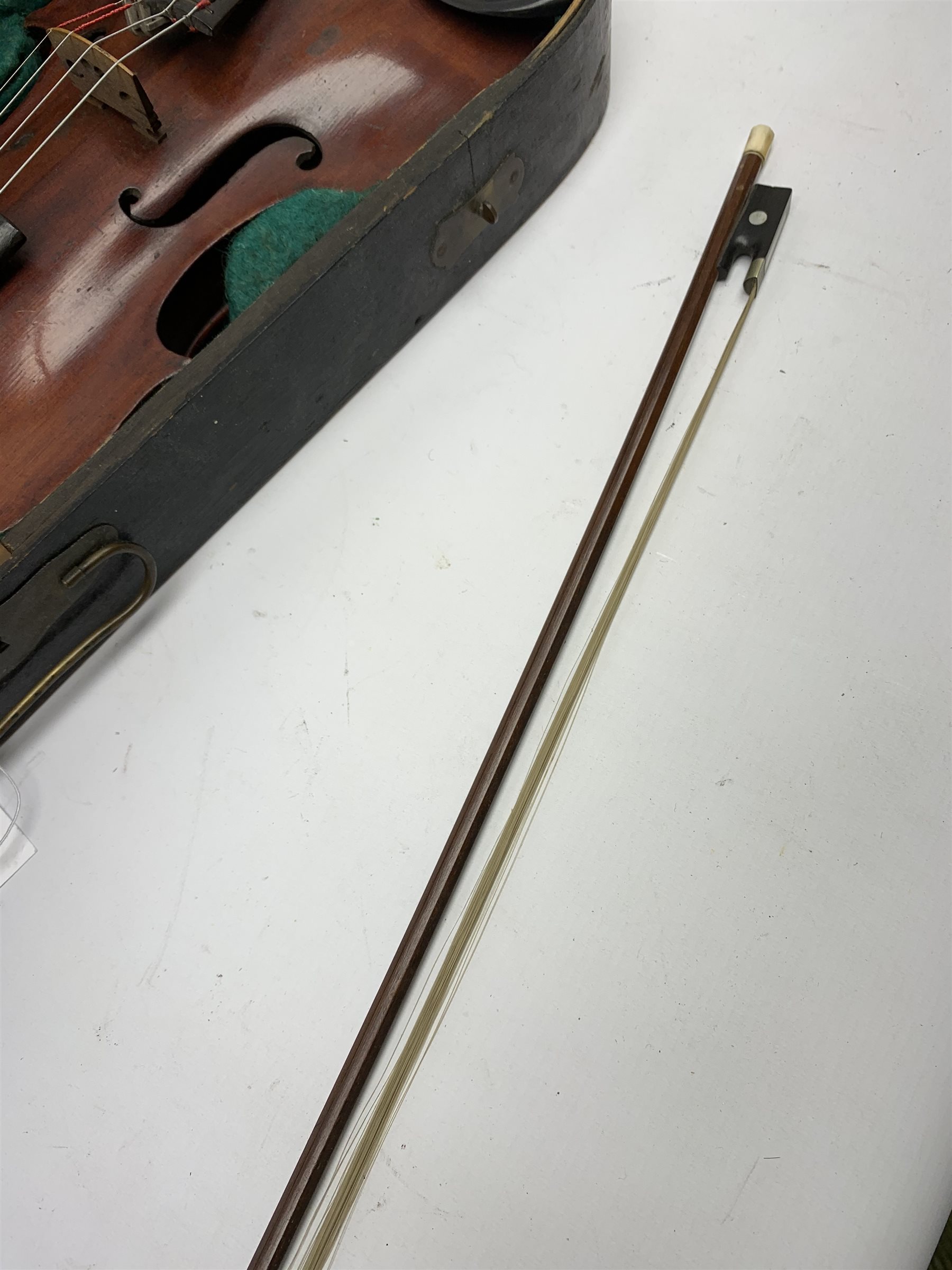 Late 19th/early 20th century violin with baroque style short neck, 35.5cm one-piece maple back and r - Image 8 of 8